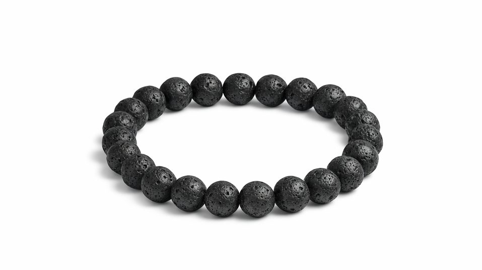 Black beaded bracelet on a white background with 'Maia Crystals' branding.